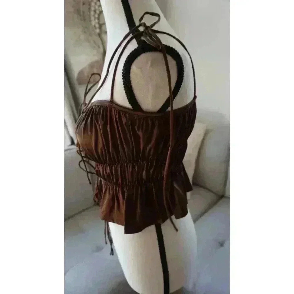 Tic Toc Women's Satin Brown Tie-Front Bustier Top, Size L - Picture 5 of 13